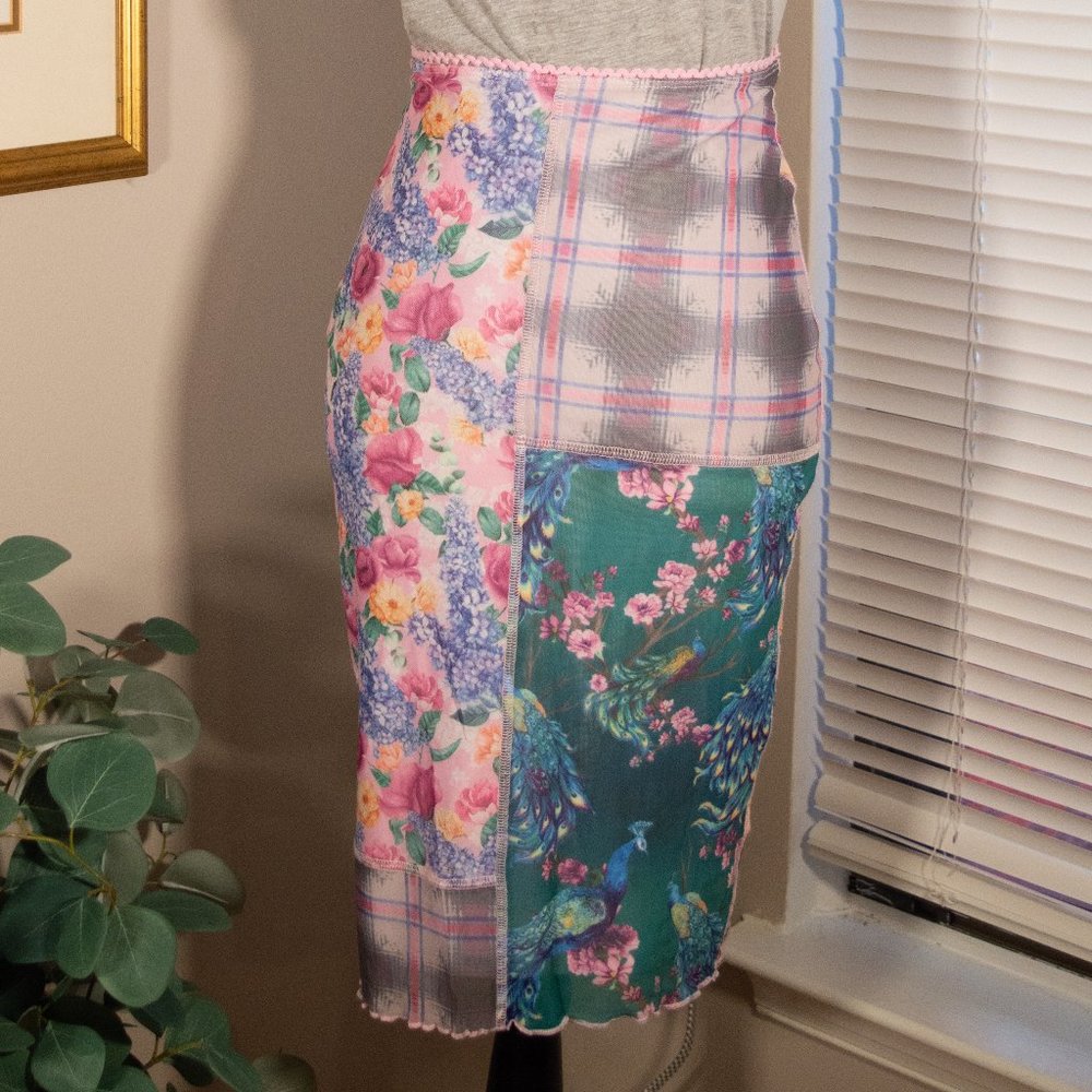 Sugar Thrillz Dolls Kill Floral Peacock Flannel Bodycon Pencil Skirt Size Medium